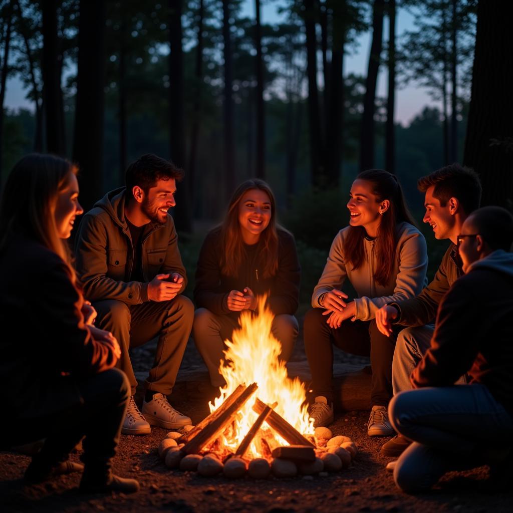 Campers enjoying a bonfire and sharing stories