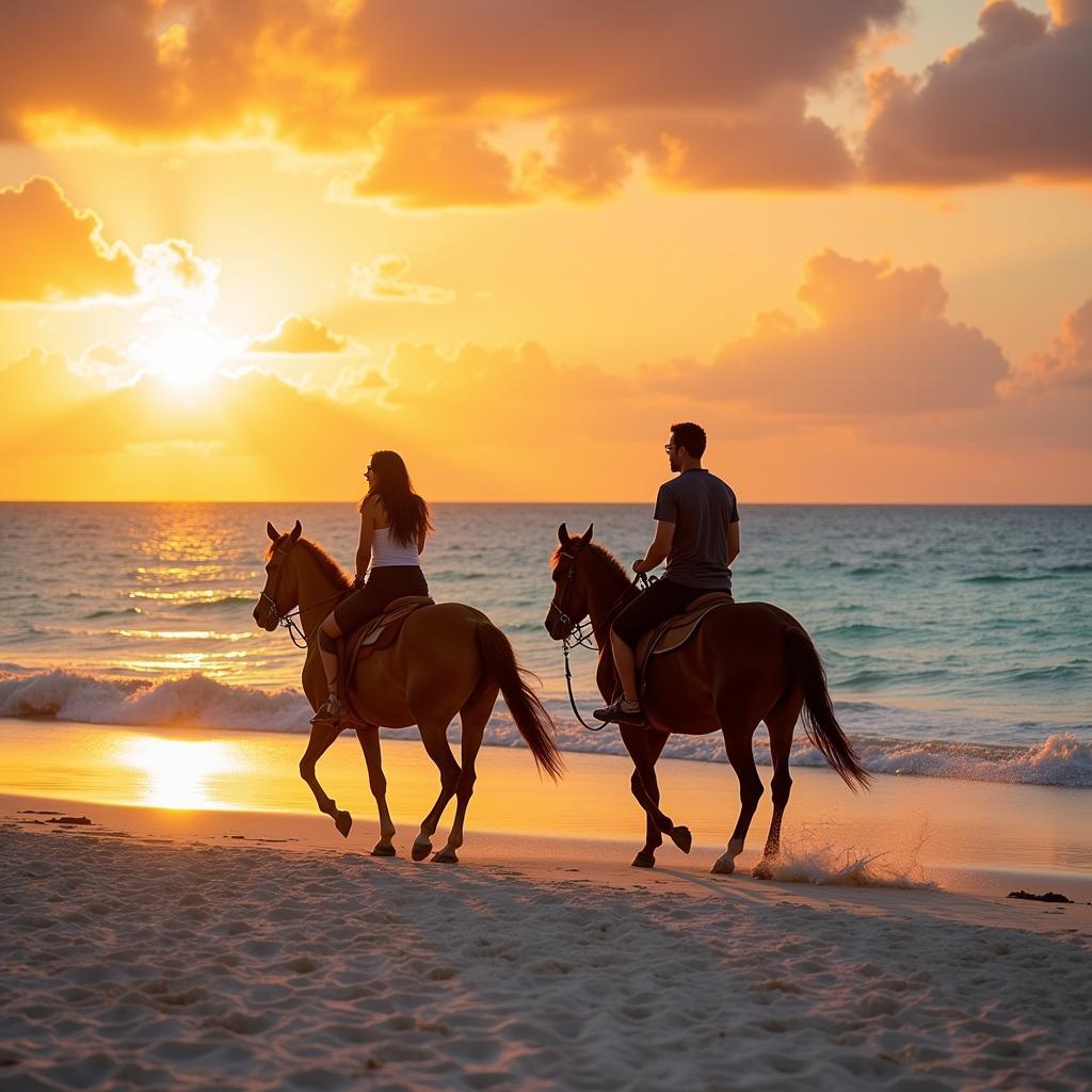 Horseback riding on Cancun beach at sunset