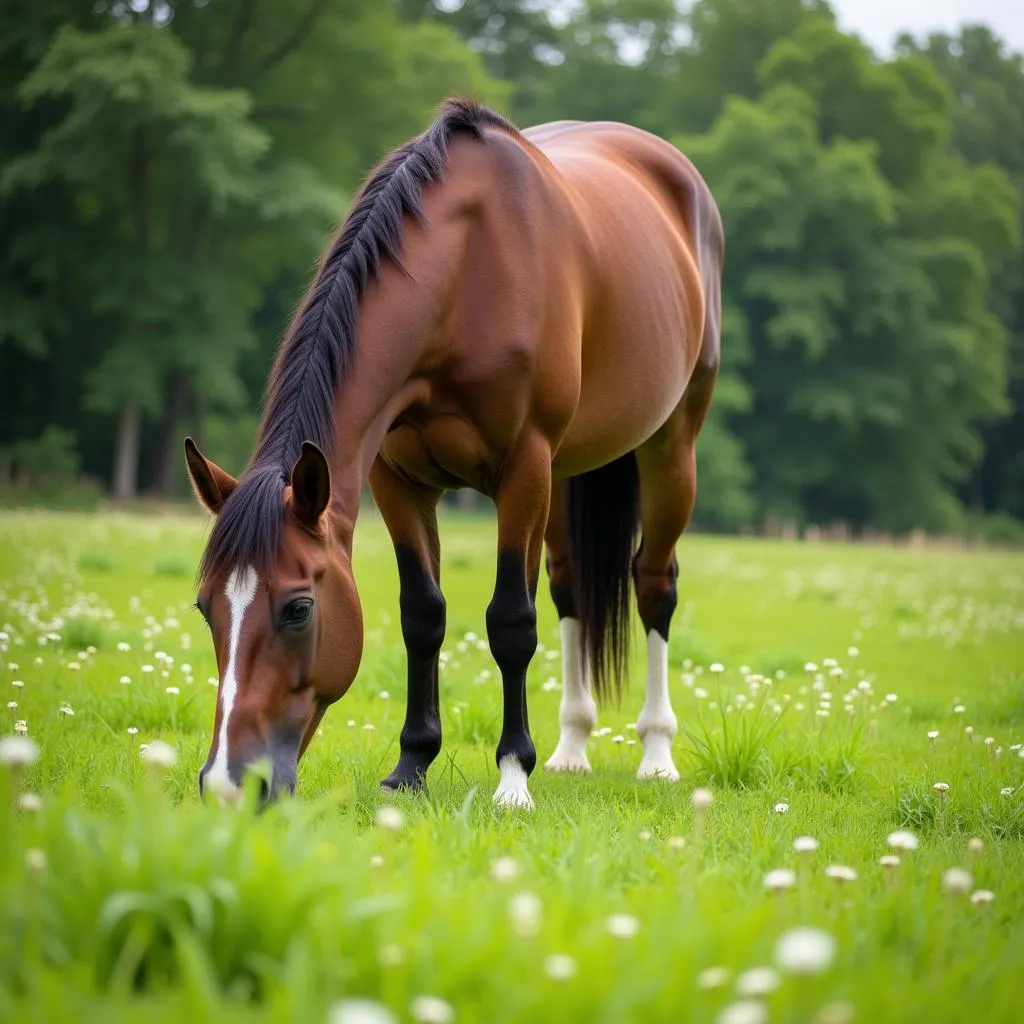 Young Caps Horse Grazing in Open Pasture