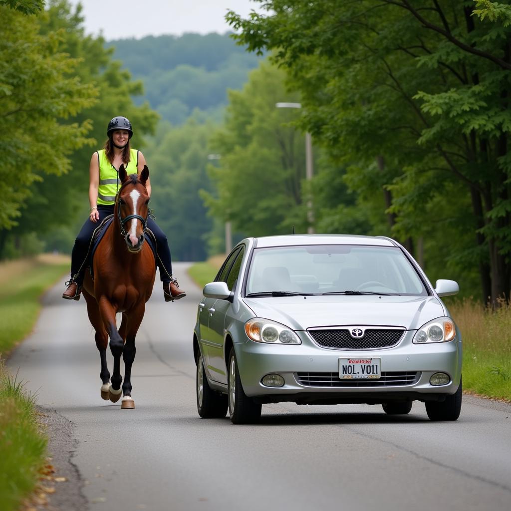 Car Slowing Down for Horse and Rider