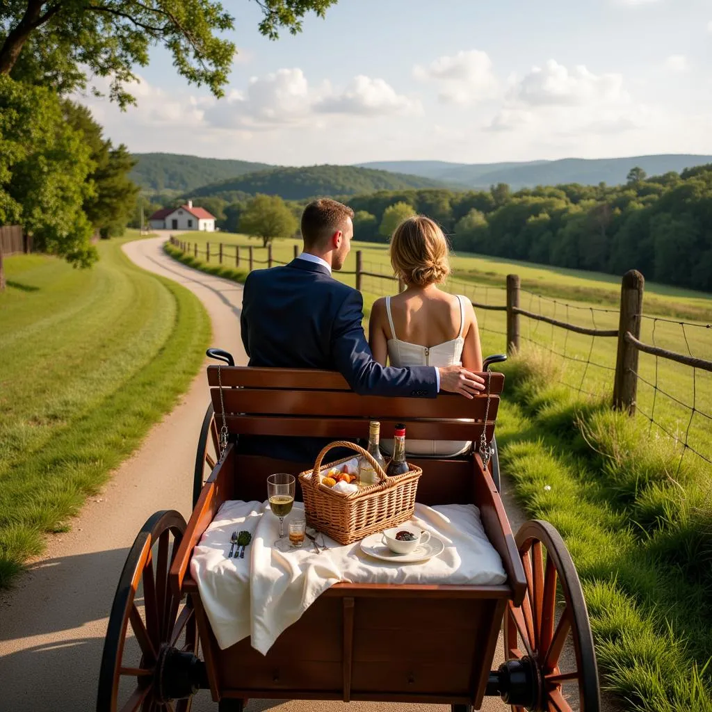 Couple enjoying a romantic carriage ride dinner in the countryside