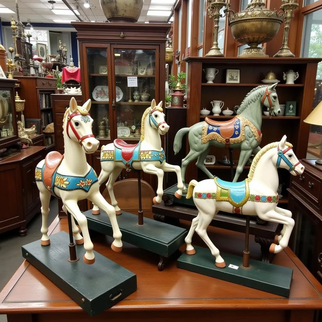 Antique Shop Displaying Cast Iron Carousel Horses