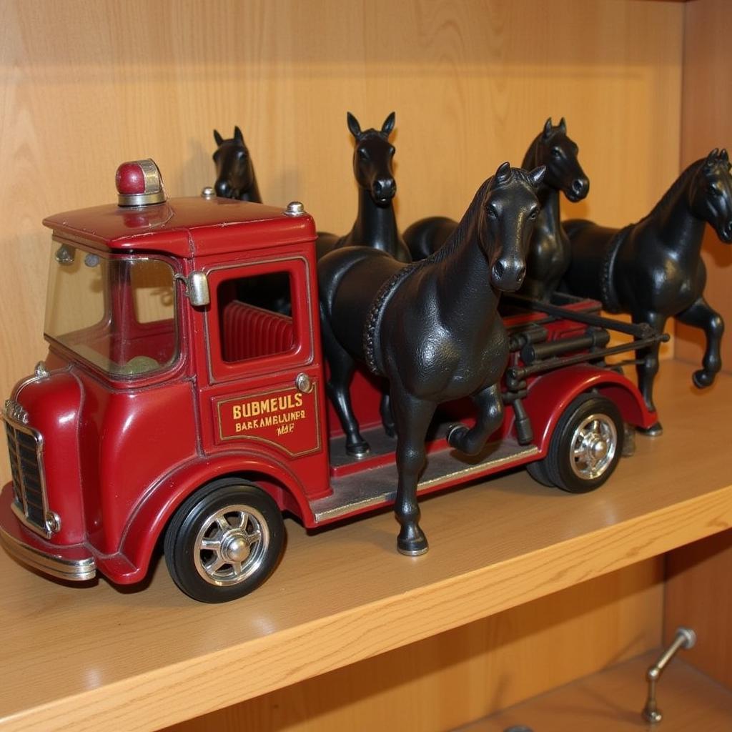 Antique Cast Iron Fire Truck with Horses on Display