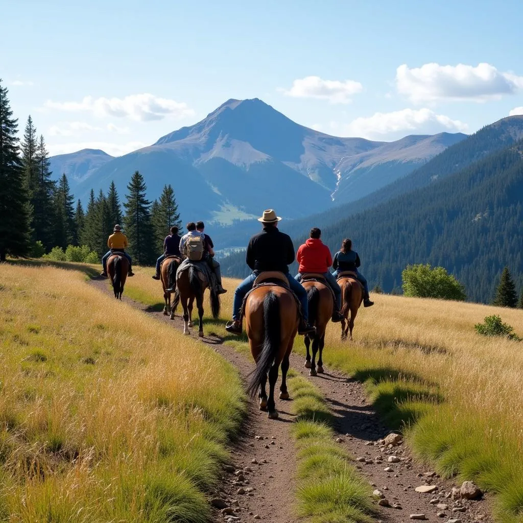 Equestrians ride along a scenic trail in Central Oregon with mountains in the background