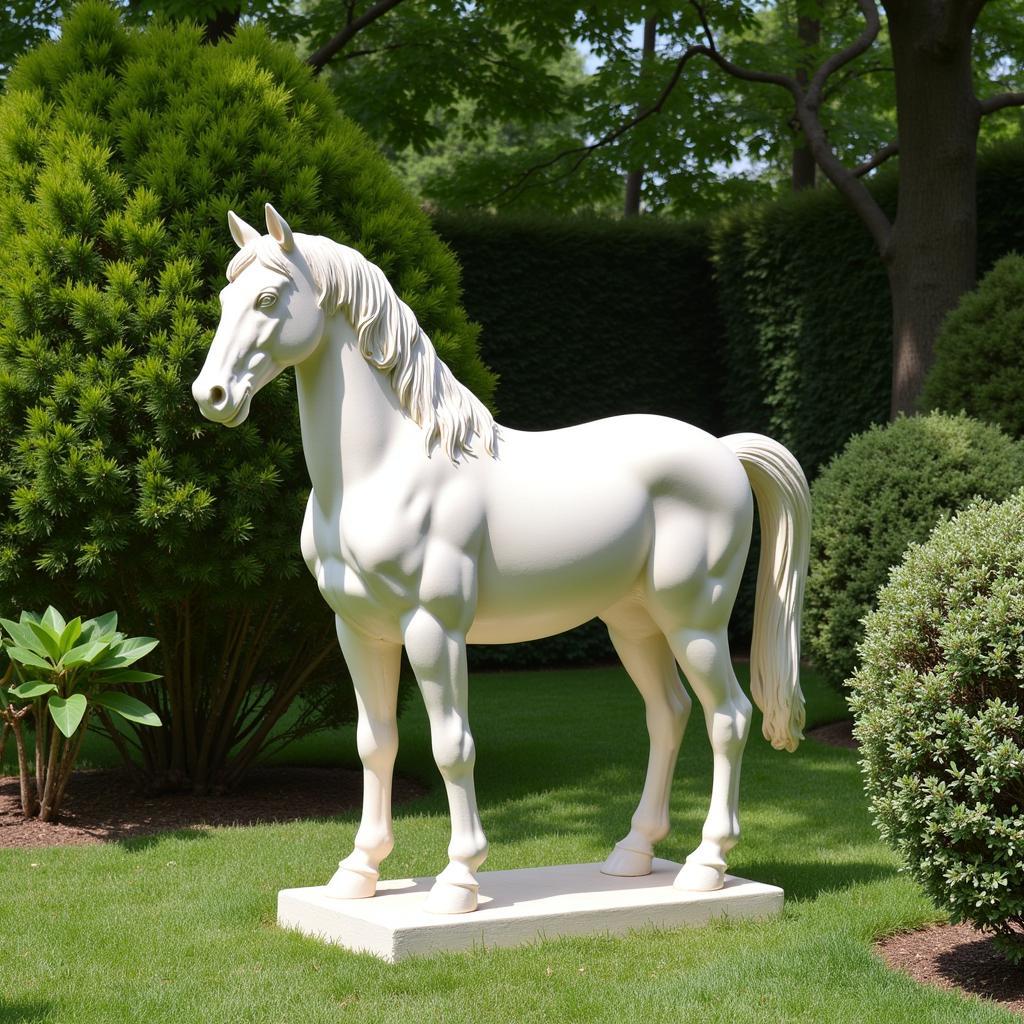 A serene ceramic horse statue placed in a garden setting