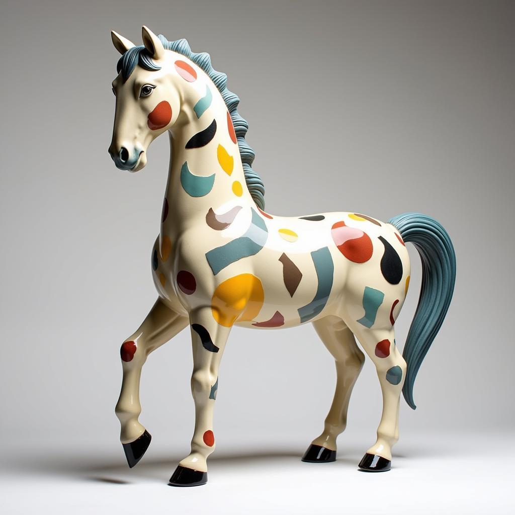 A modern ceramic horse statue with abstract design elements