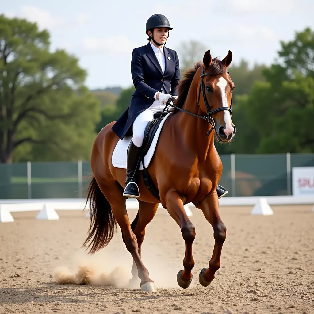 Chalou horse with rider in a dressage arena