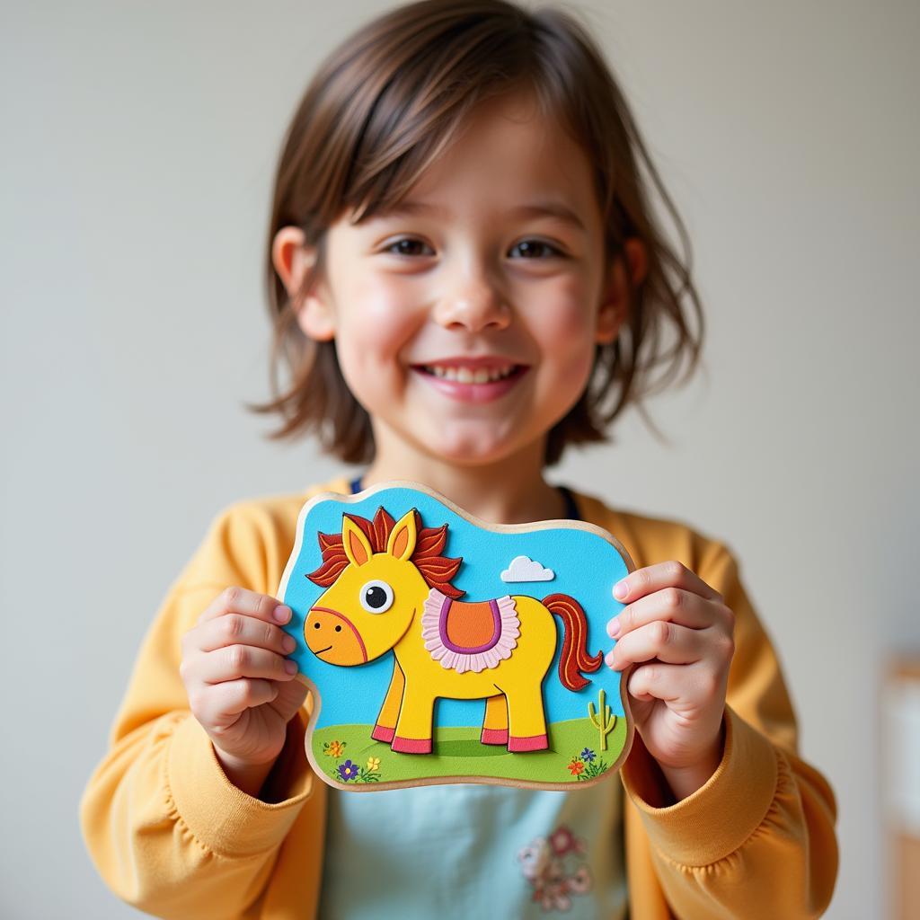 Child proudly displaying a completed horse shaped puzzle