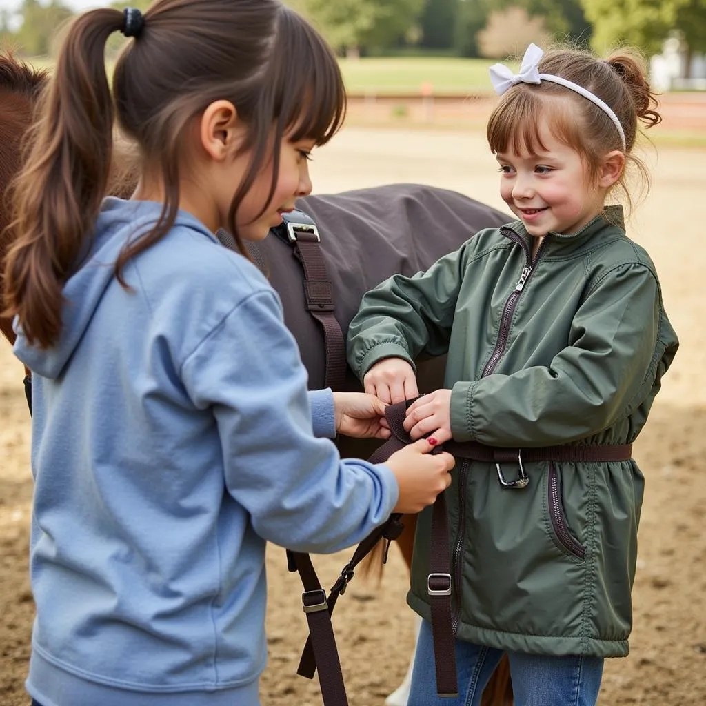 Child fastening horse blanket on a pony