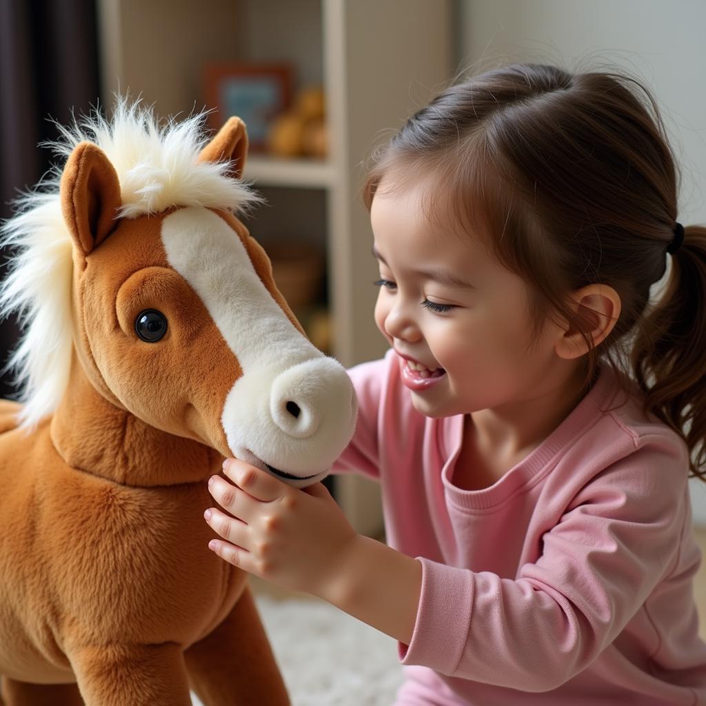 A child affectionately grooming a toy horse