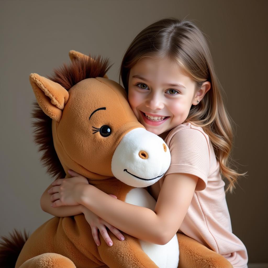 Young girl hugging a plush horse toy