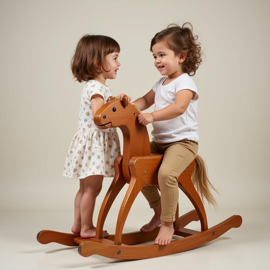 A young child beams with joy as they sit astride a classic wooden rocking horse, their imagination taking flight.