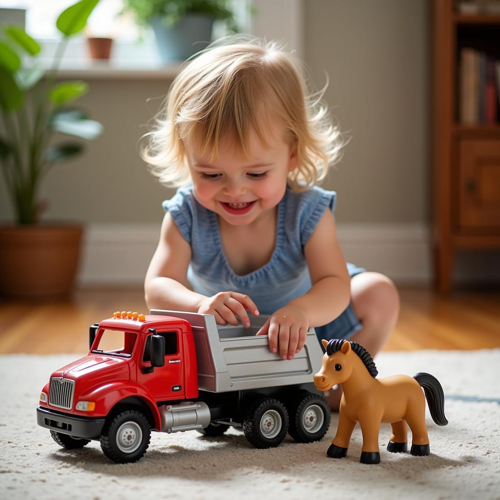 A child deeply engrossed in playing with a horse truck and trailer toy