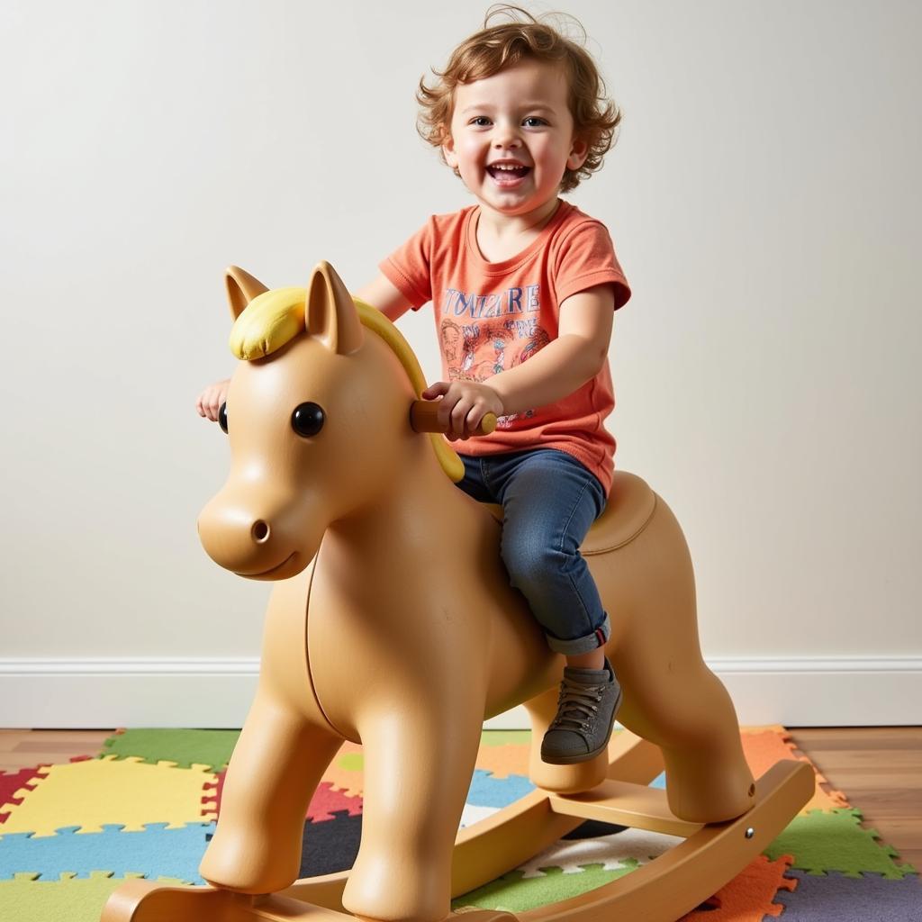 Child playing on a large rocking horse