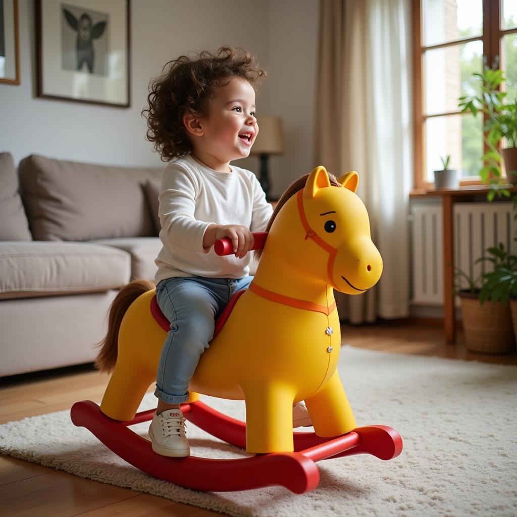 Child happily playing on a rocking horse