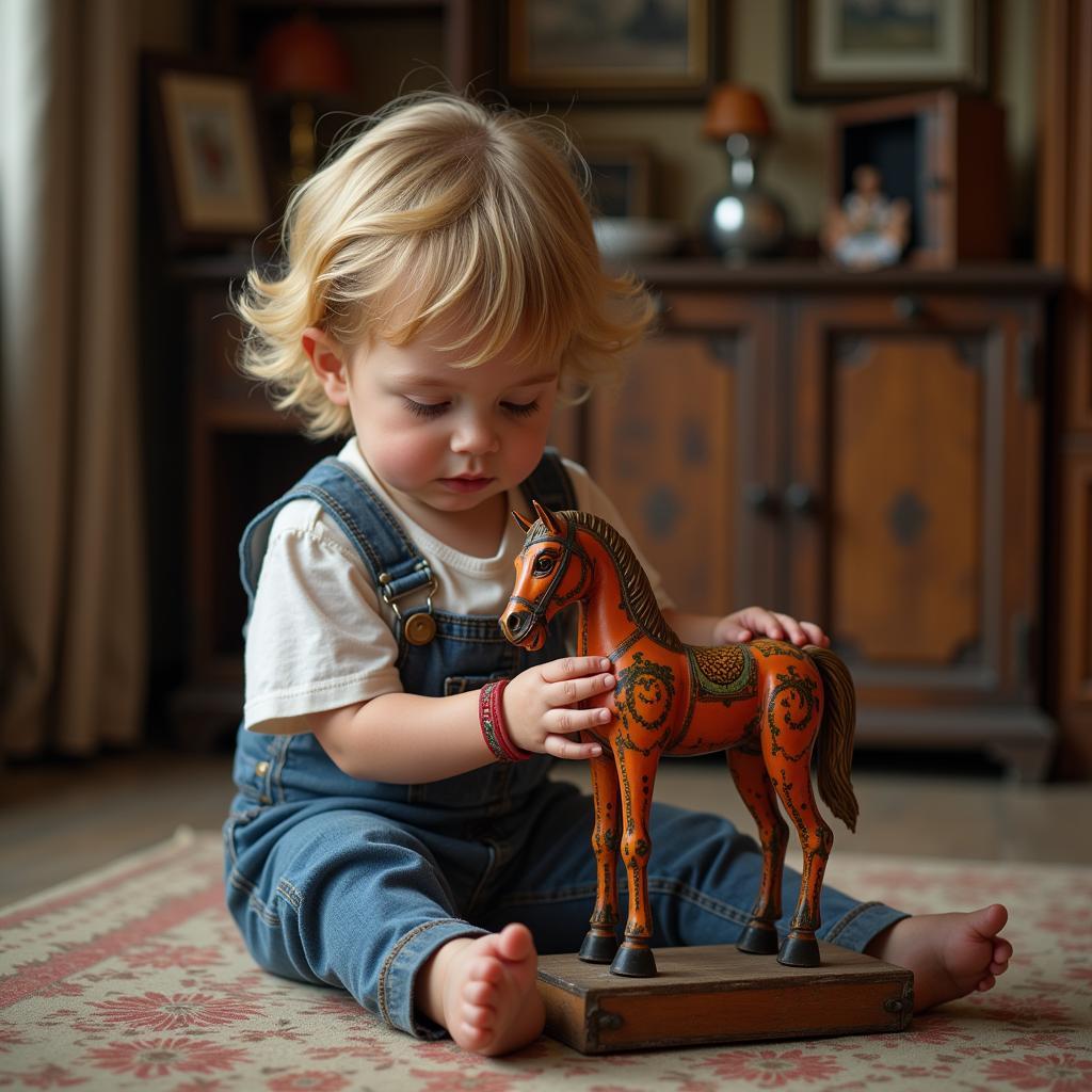 Child Playing with Antique Metal Riding Horse Toy