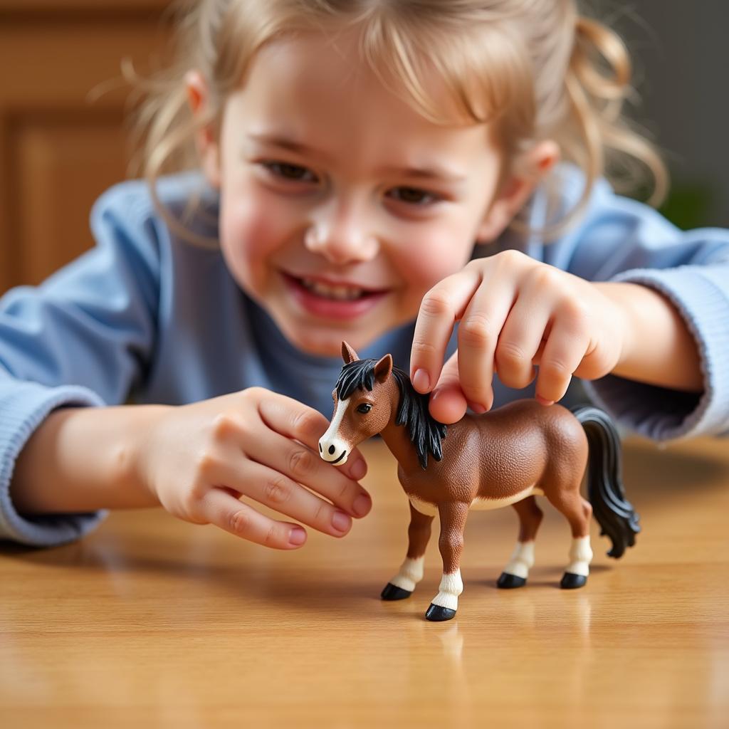 A child playing with a Fjord horse Schleich figurine on a wooden table