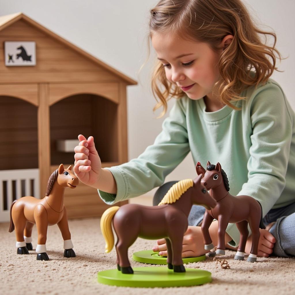 Child Playing with Horse Dolls and Stable