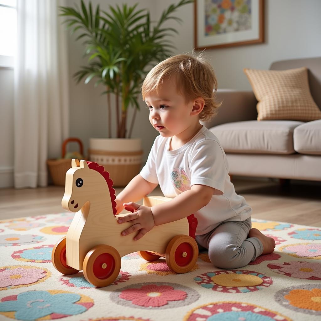 Child Playing with Horse Drawn Carriage Toy