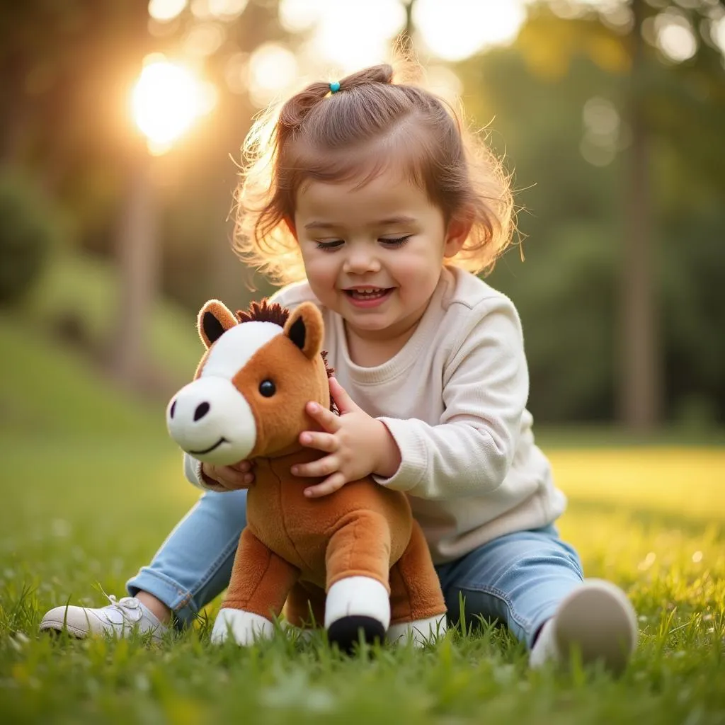 Child Imaginatively Playing with Plush Toy Horse