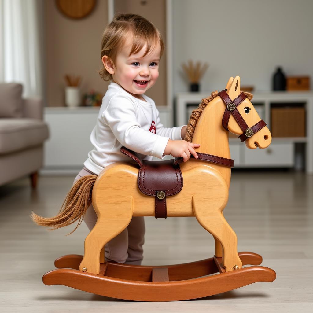 Child playing with saddle horse wooden toy