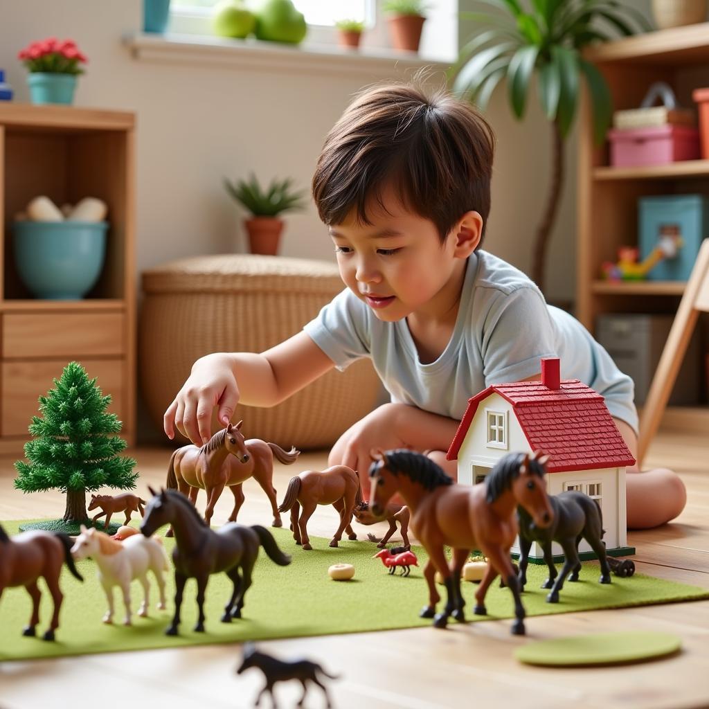 A child setting up a farm scene with Schleich horses and accessories.