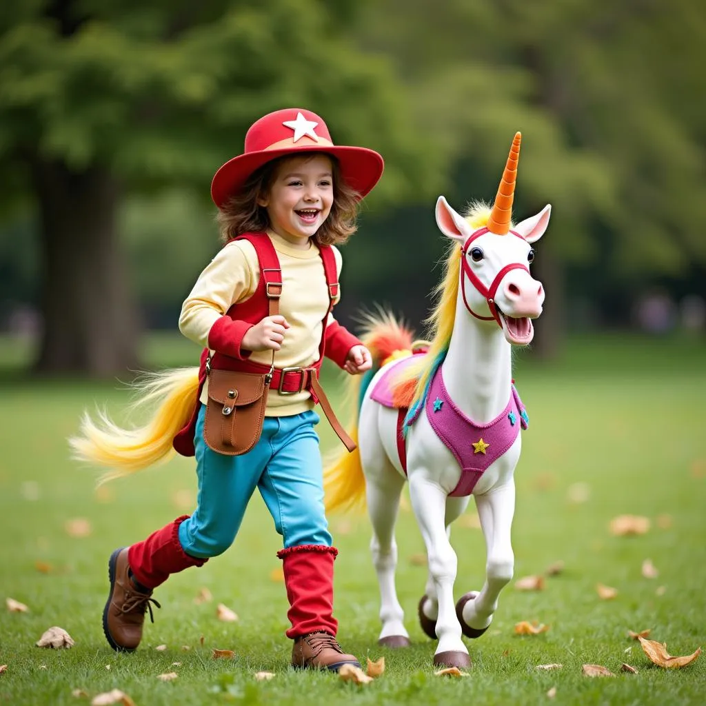 Child Playing with Unicorn Stick Horse