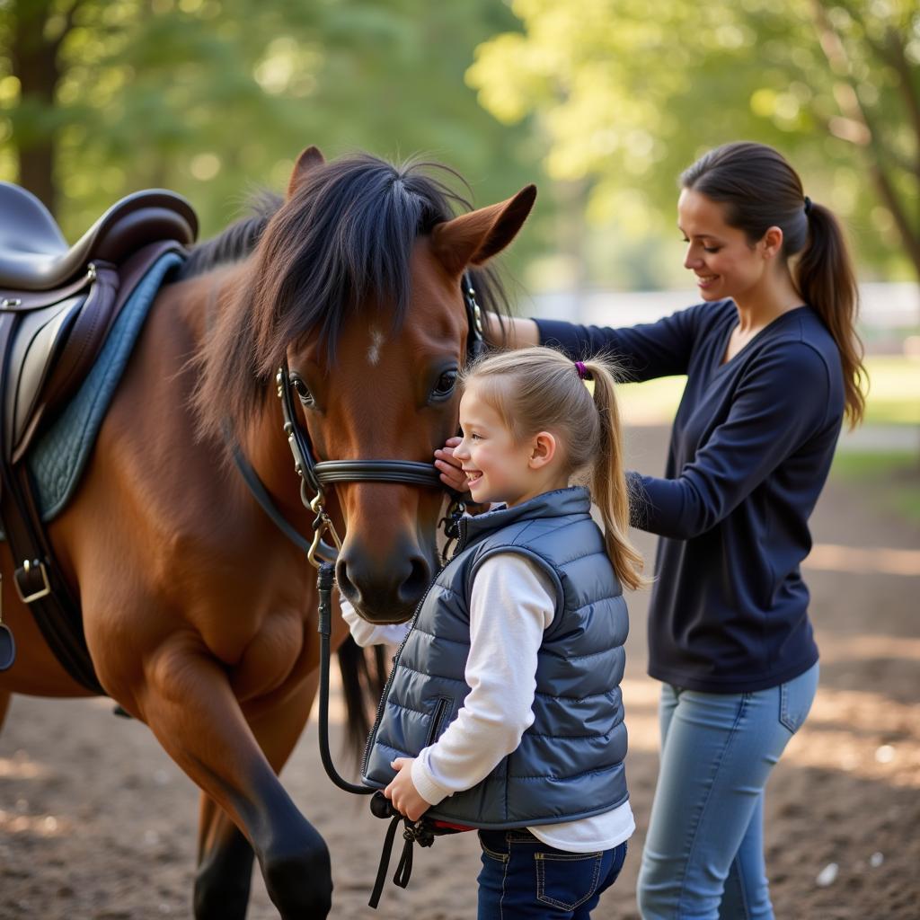 A child getting ready for a horseback riding lesson, putting on their riding jacket with the help of a parent.