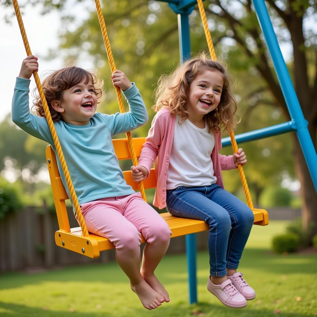 Children Playing on Traditional Swing Set