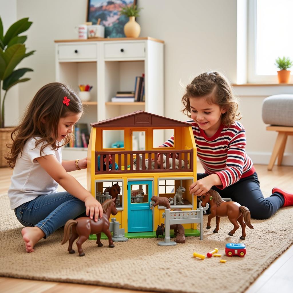 Children engaged in imaginative play with a horse stable toy