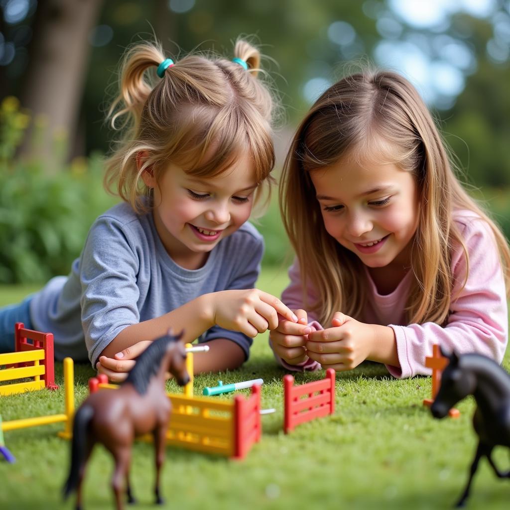 Two children, filled with enthusiasm, are meticulously arranging their model horses and creating a miniature show jumping course.