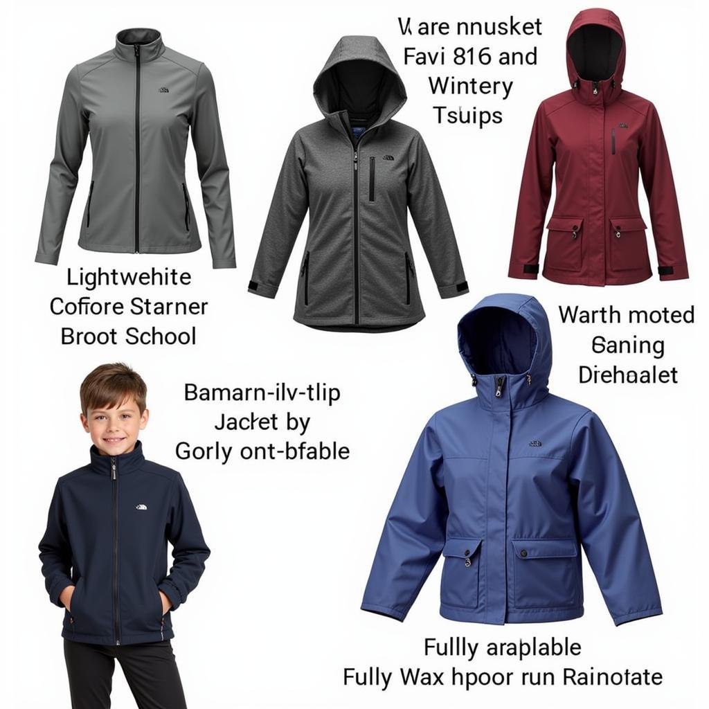 Different styles of children's horse riding jackets: a lightweight softshell, a warm winter jacket, and a waterproof raincoat.