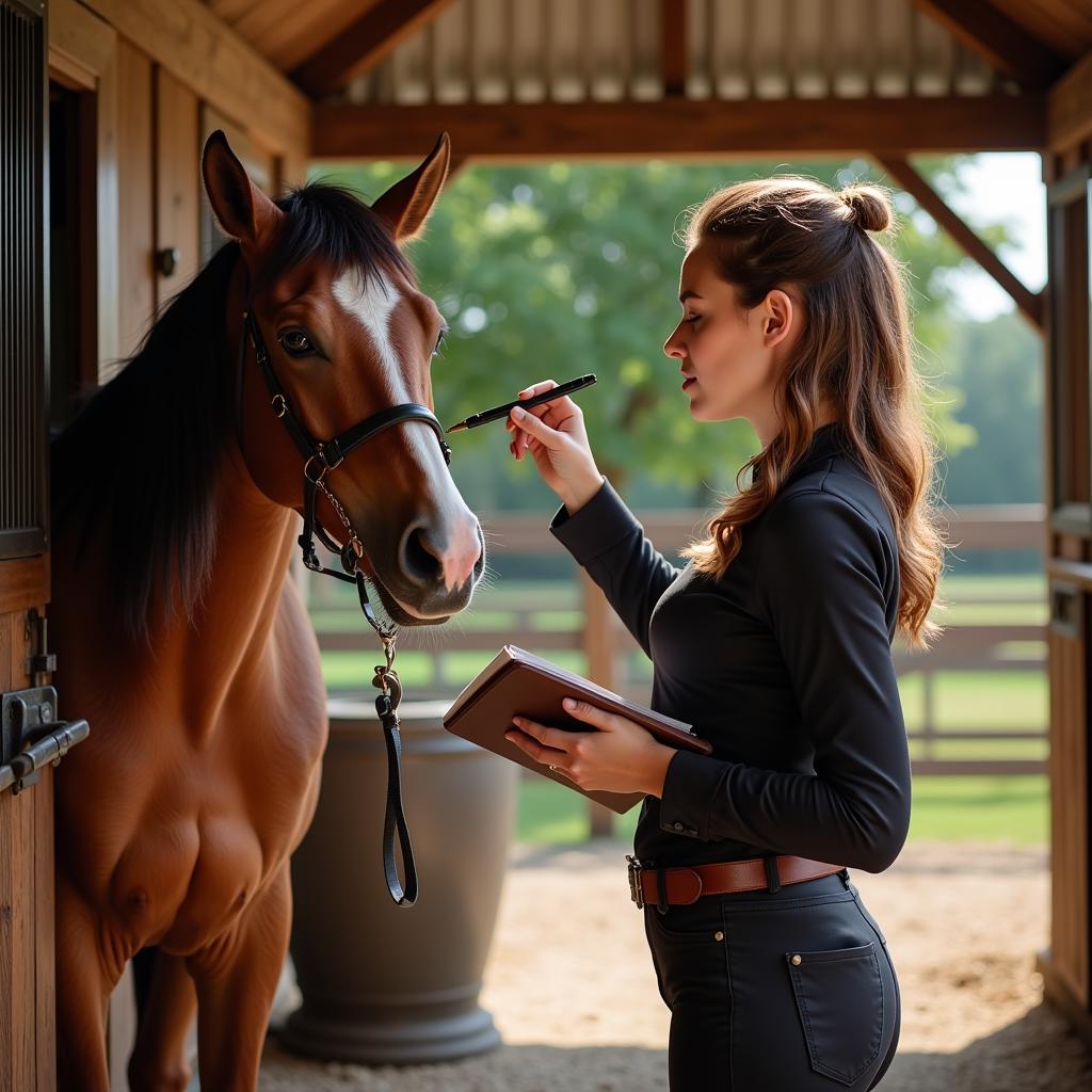 A rider ponders a show name while grooming their horse