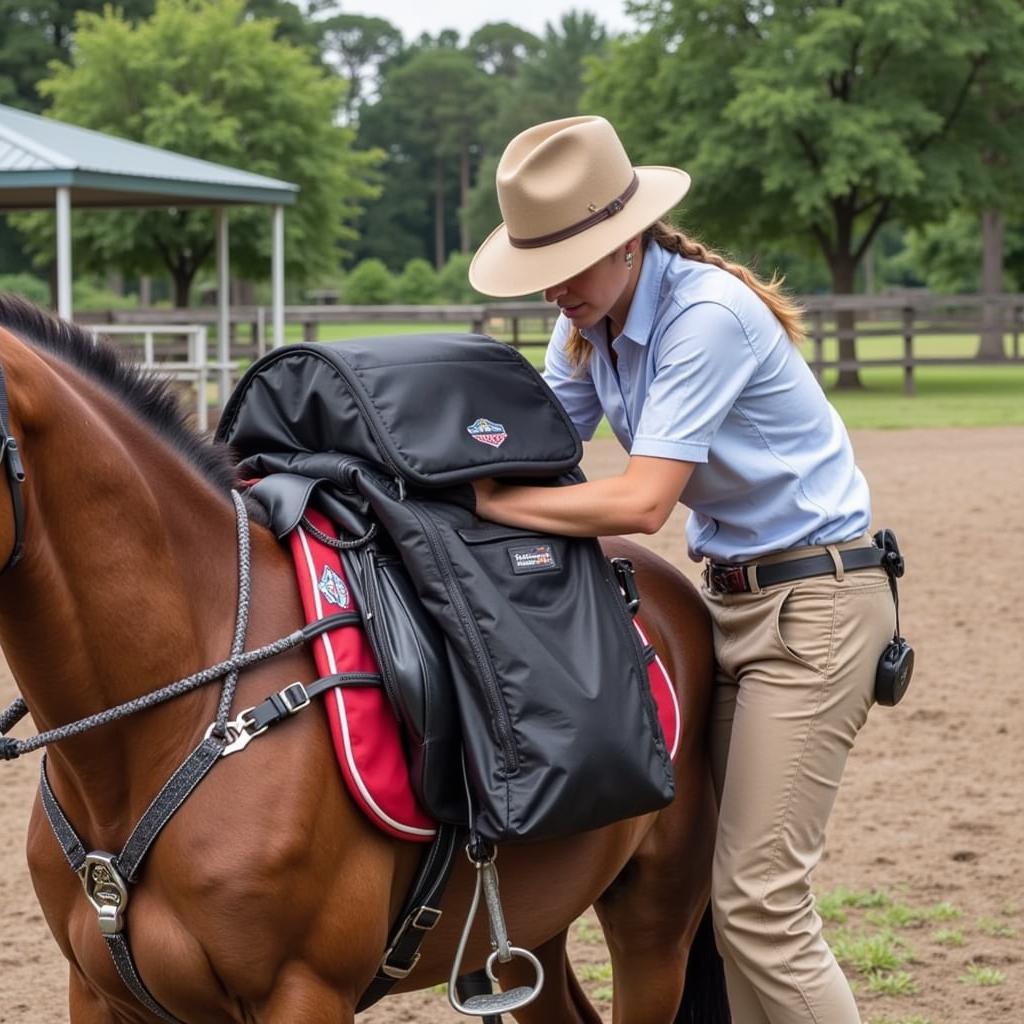  A rider fitting a harness bag on their horse, emphasizing the importance of proper fit.