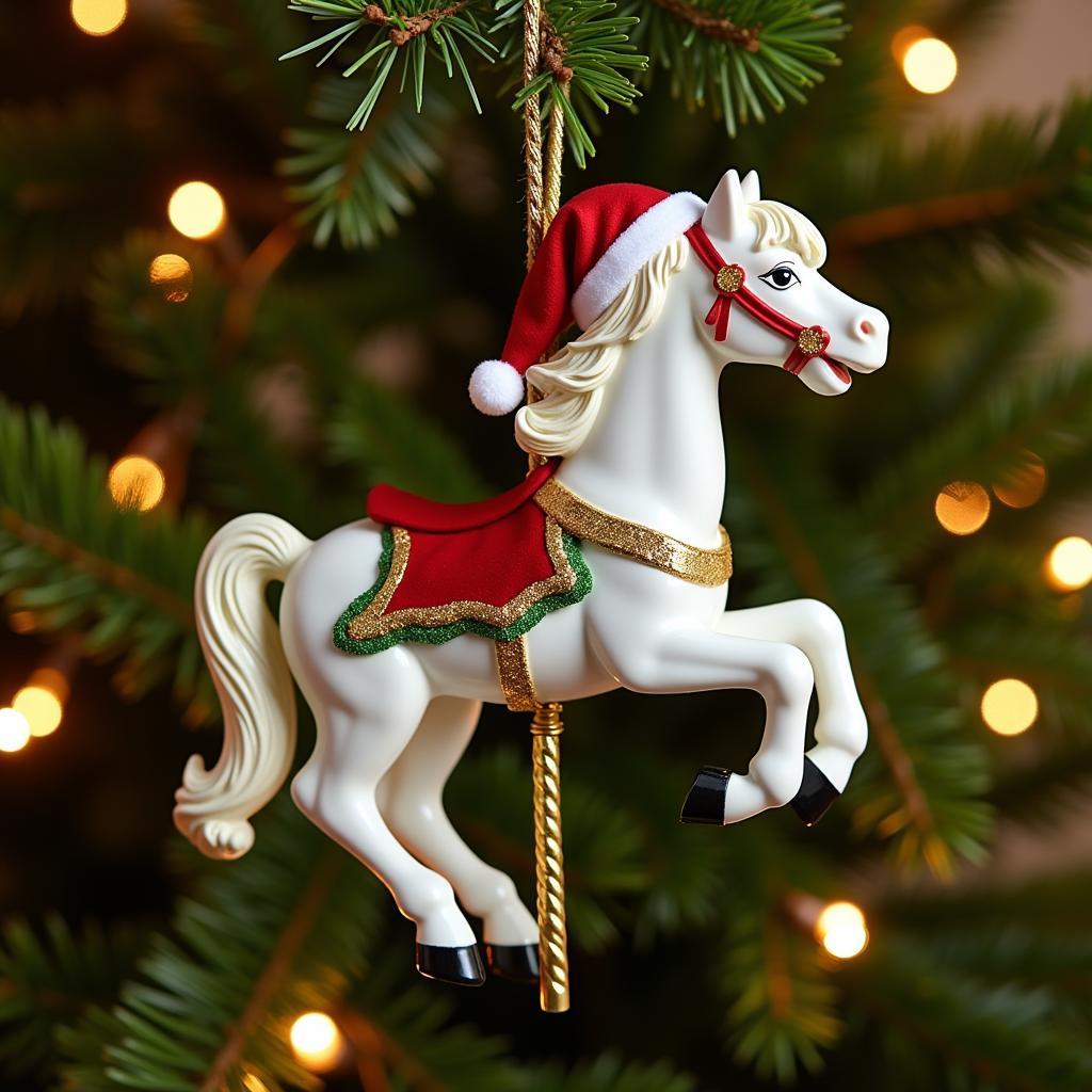 Christmas ornament carousel horse with a Santa hat