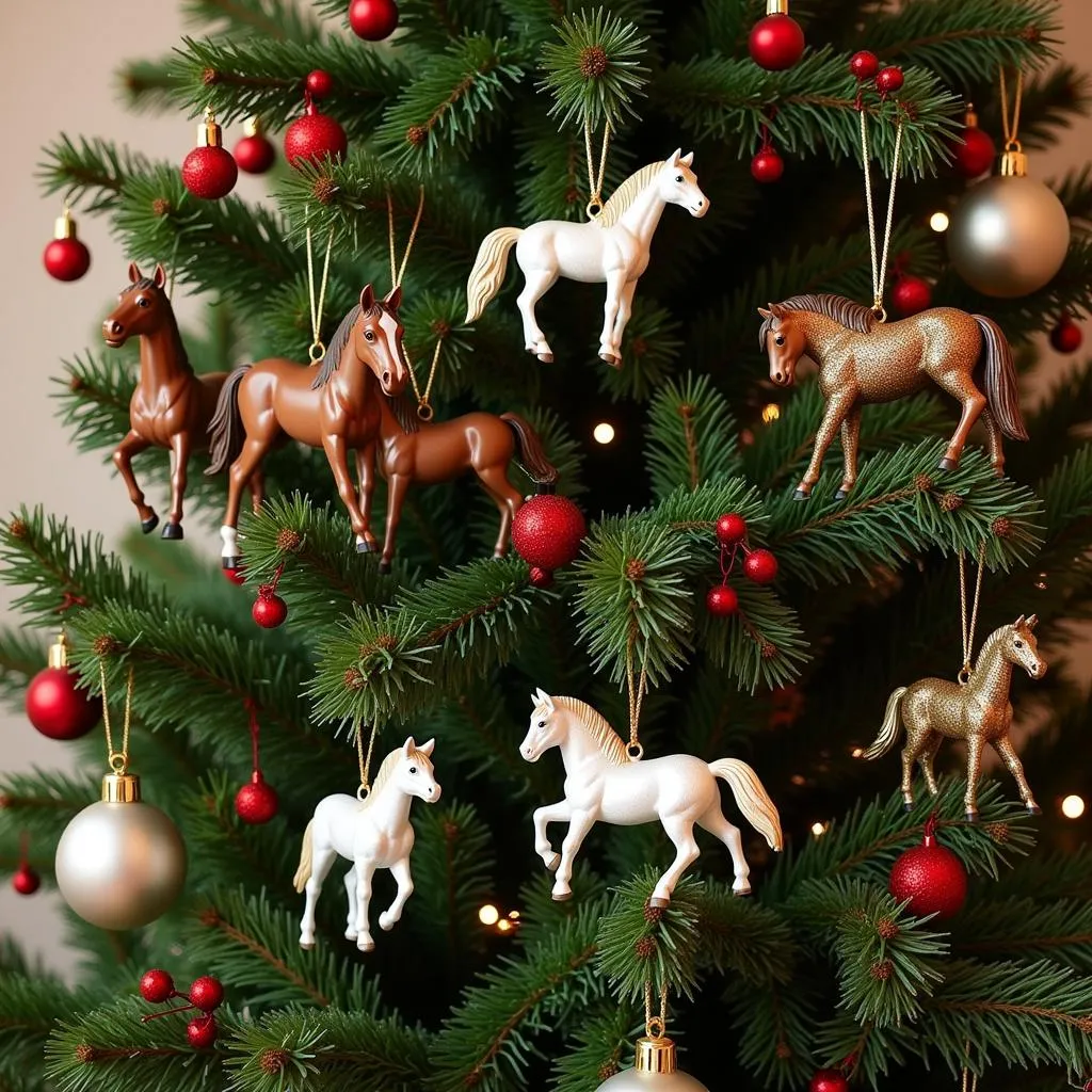 Christmas tree decorated with horse ornaments.