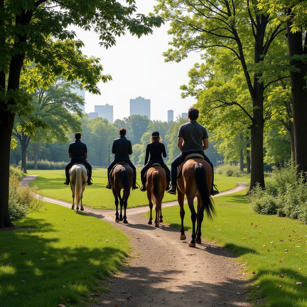 Equestrians riding through an urban park trail