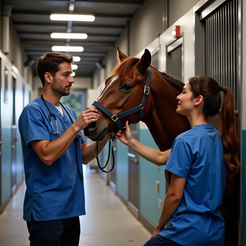 Veterinarian examining a horse in an urban stable