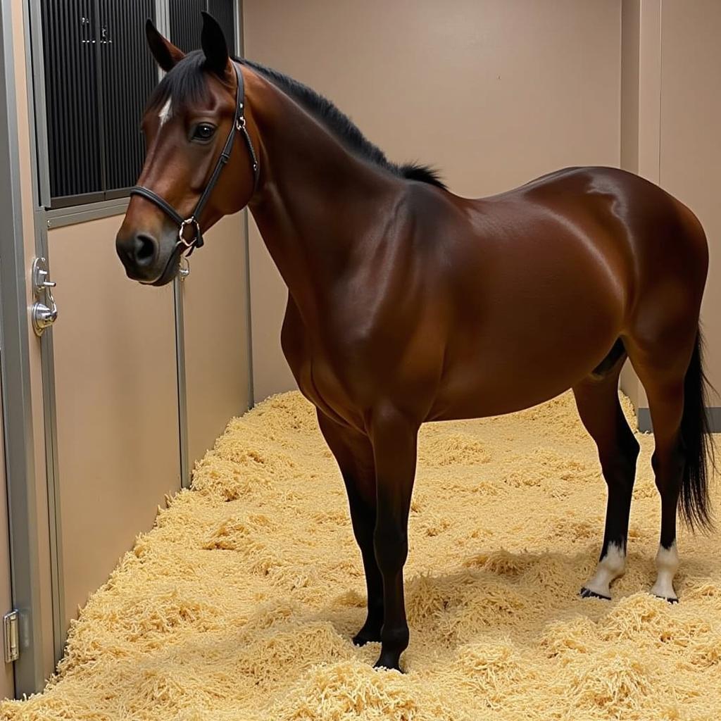 Horse standing on clean trax bedding