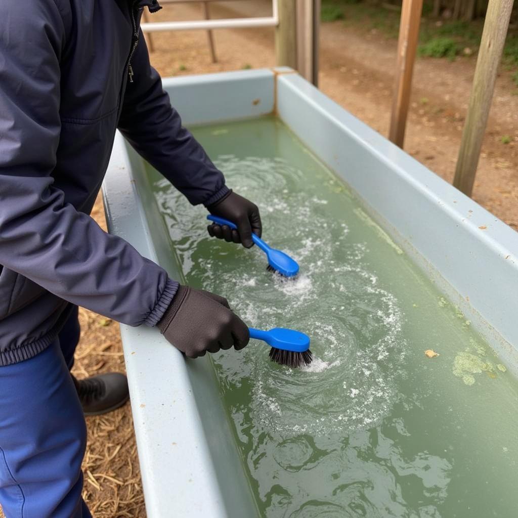 A person cleaning an insulated water trough