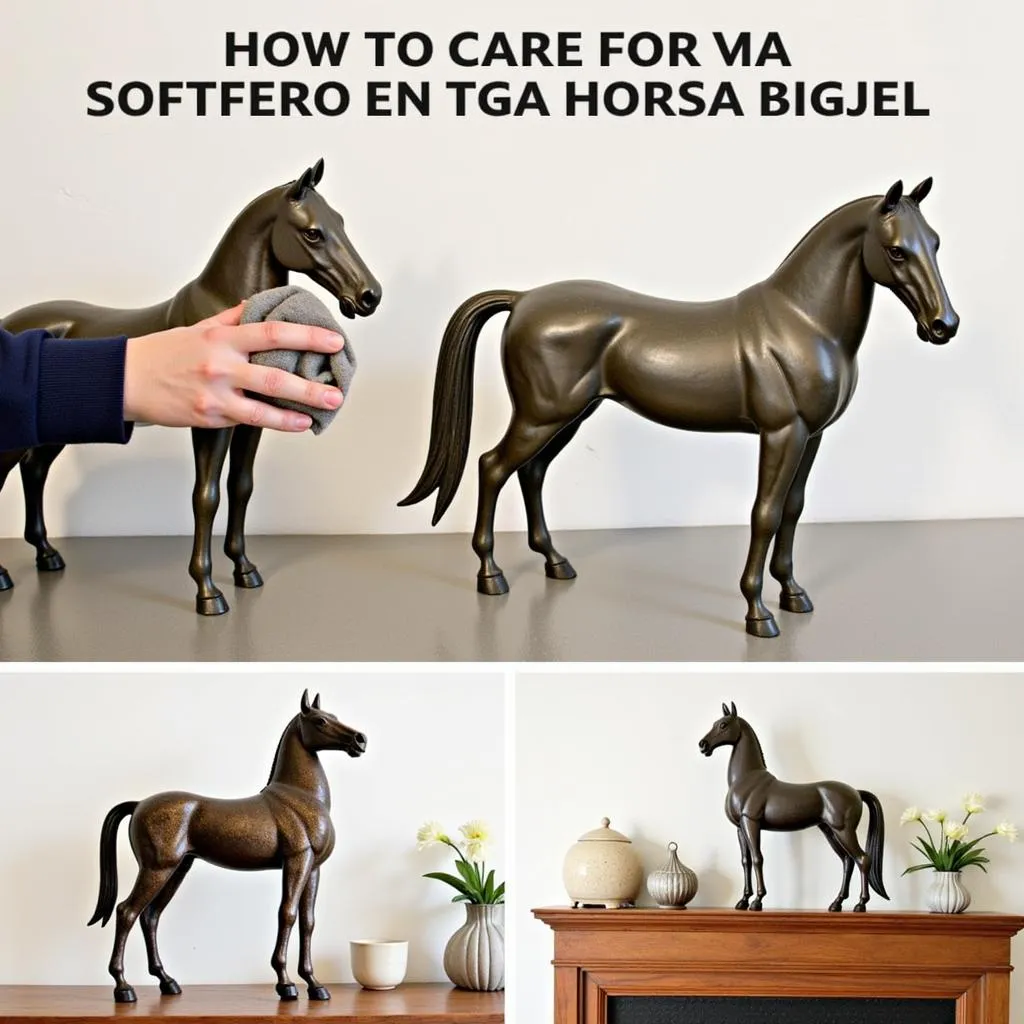 A vintage metal horse figurine being gently cleaned with a soft cloth