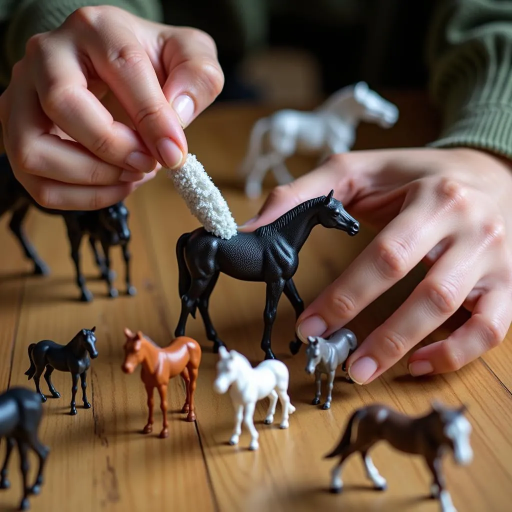 Cleaning and dusting a collection of Breyer horse models