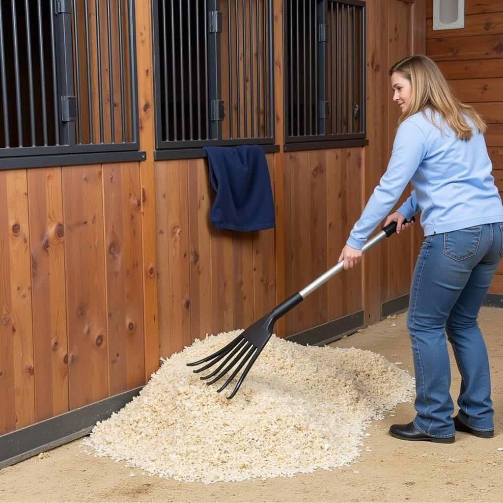 Cleaning a horse stall with clean trax bedding