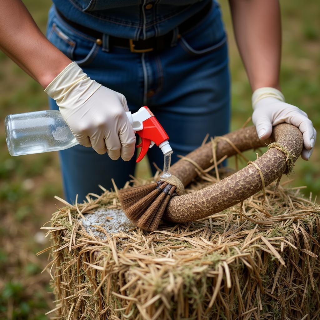 Cleaning a hay bale ring with a brush and disinfectant