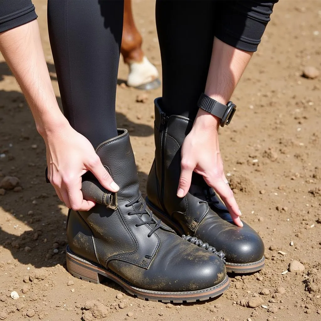 A horse owner cleaning mud off a pair of horse power boots