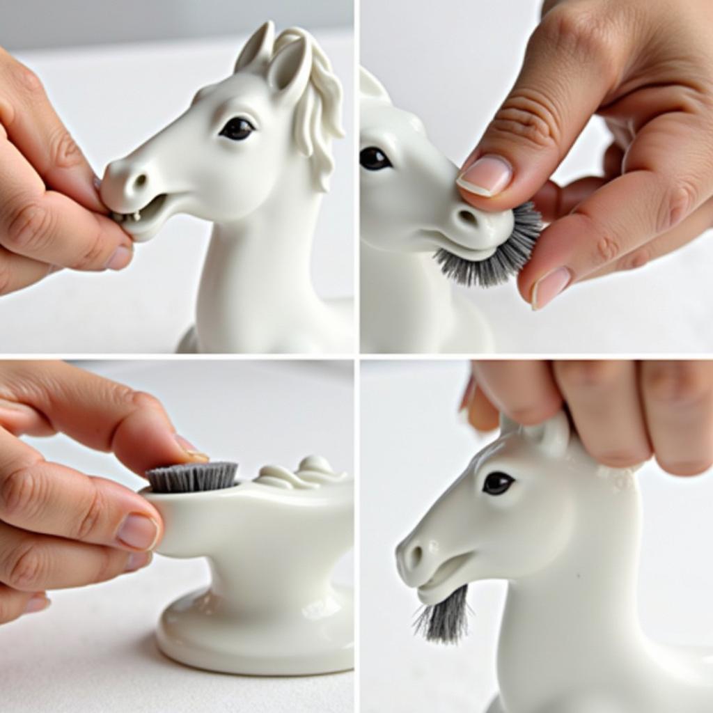 Cleaning a Lladro horse head figurine with a soft brush