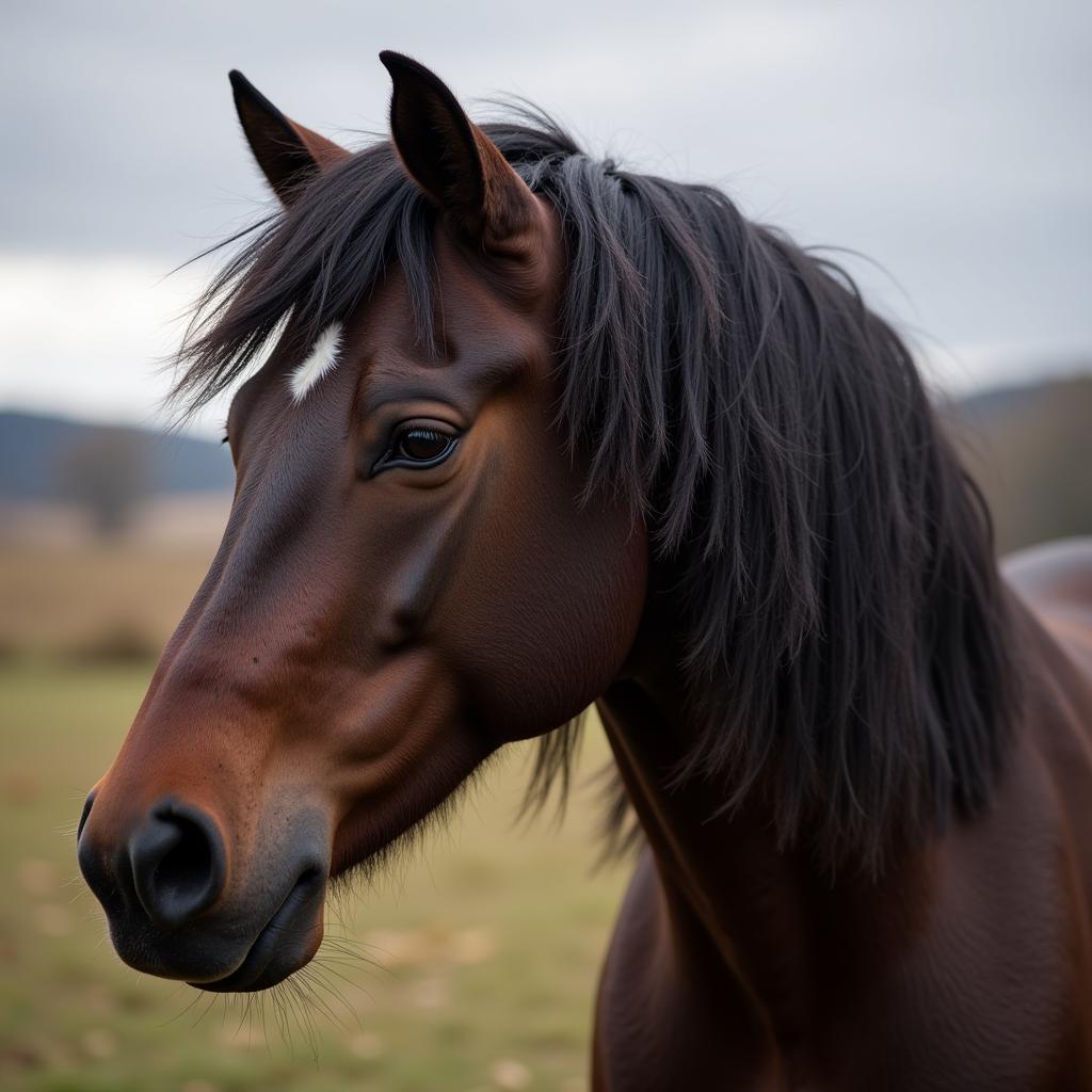 Close-up of a horse's head with its mane blowing in the wind