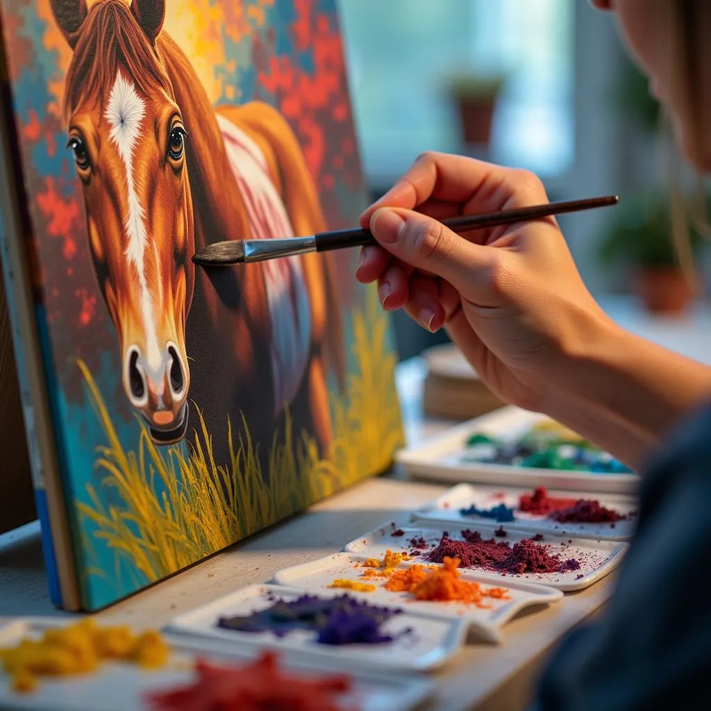 Close-up of artist painting an abstract horse