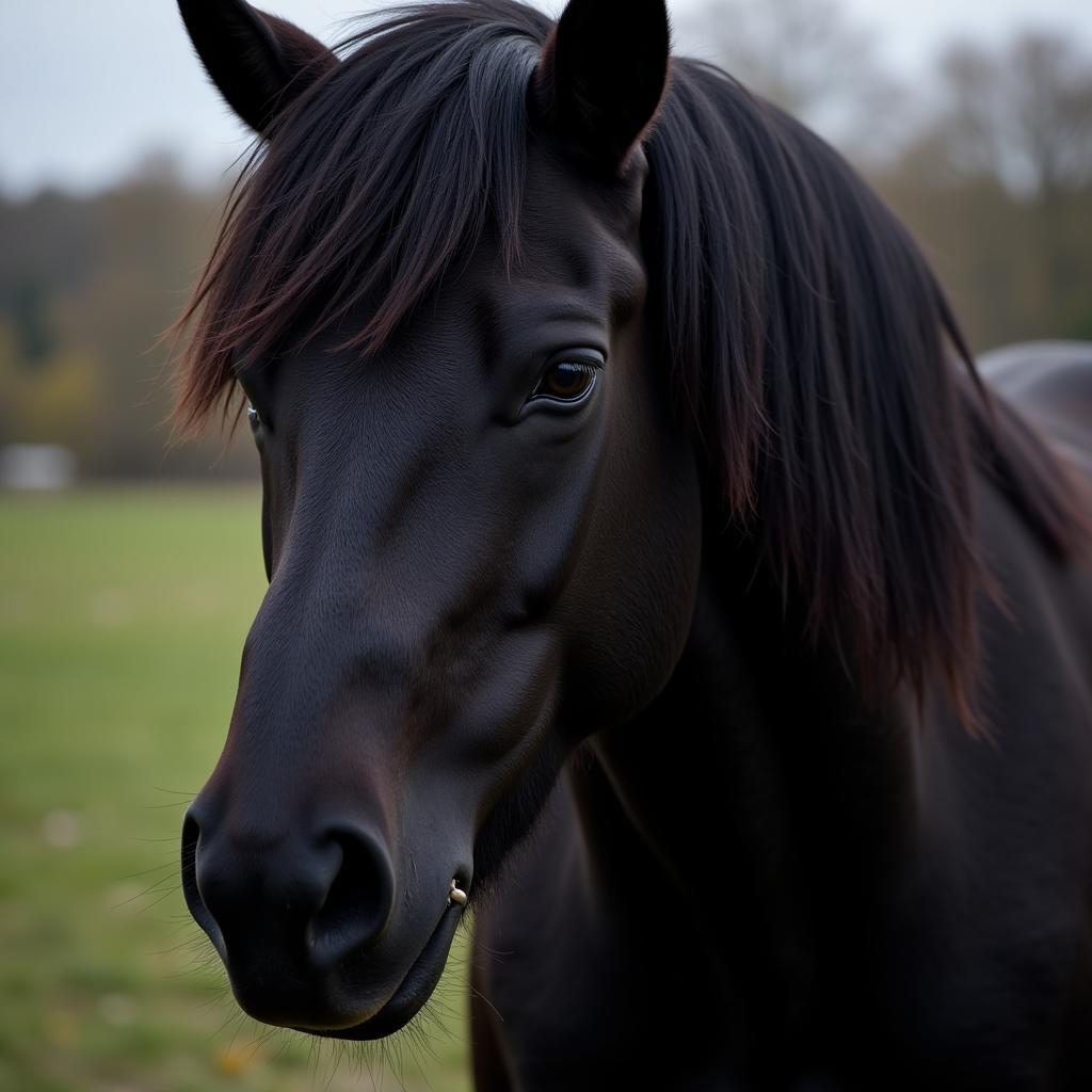 Close-up portrait of a black horse with flowing mane