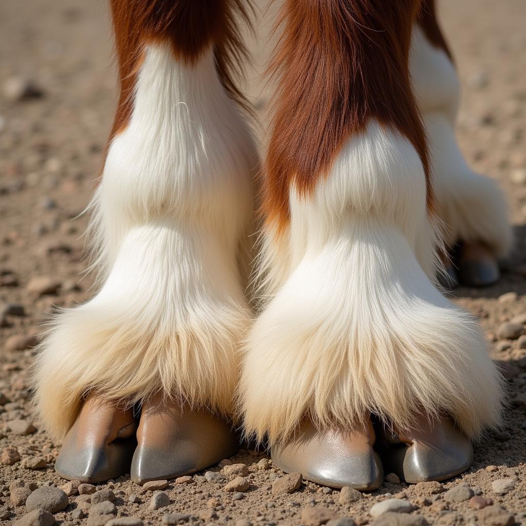 Close-up of a Clydesdale horse's feathered feet